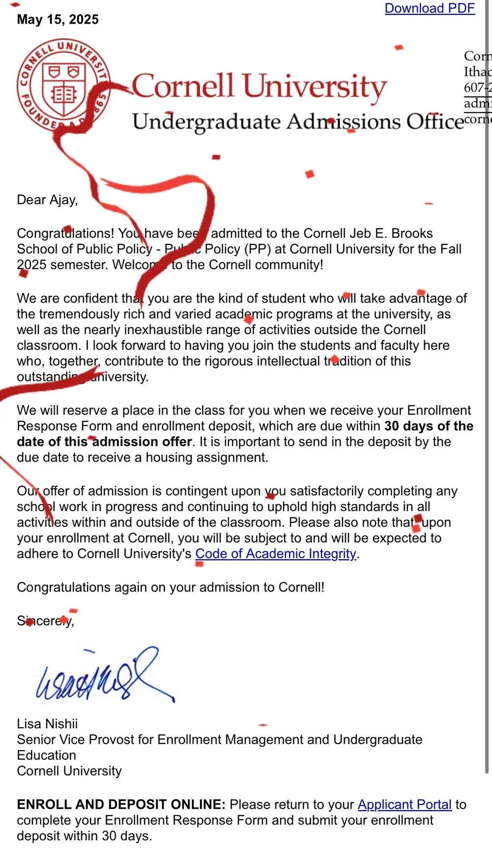 Cornell University acceptance letter — admitted with a 2.9 GPA