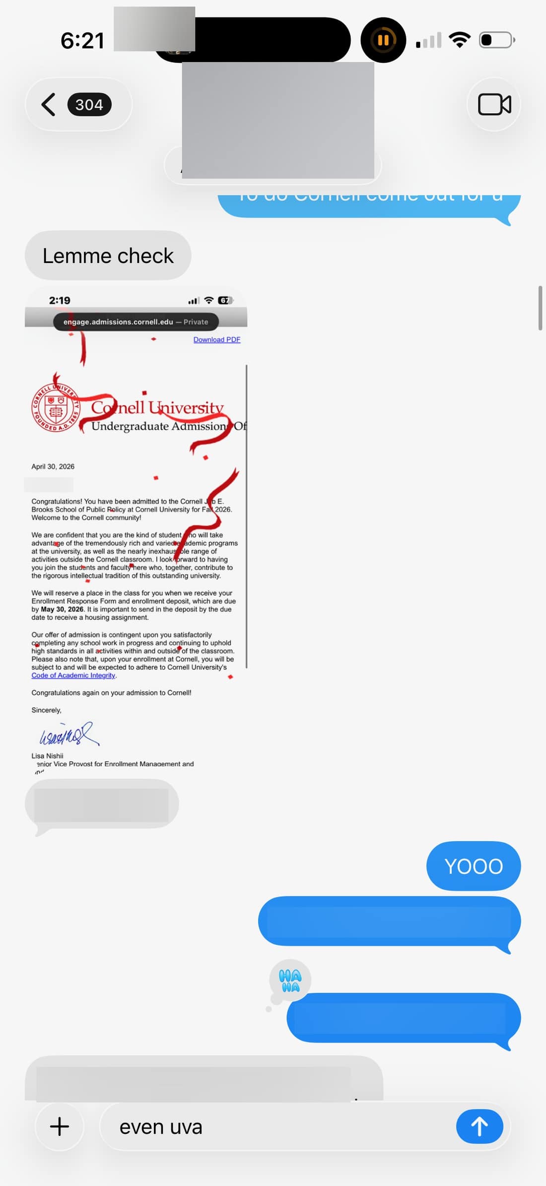 Cornell University acceptance