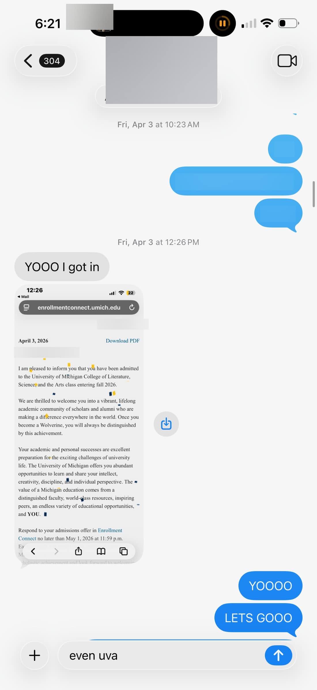 University of Michigan acceptance